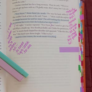 May include: Open book with text from "A Court of Silver Flames" with highlighted passages and sticky notes. Two highlighters, one teal and one pink, rest on the page. The page number 195 is visible.