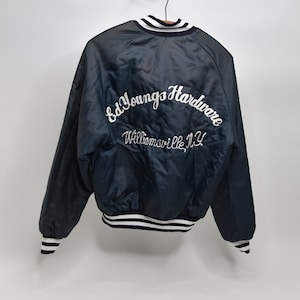 Super Awesome Vintage 80&#39;s Ed Youngs Hardware, Williamsville, NY Satin Bomber Jacket