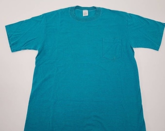Crazy Classic Vintage 90's Turquoise Green Striped Pocket T-Shirt