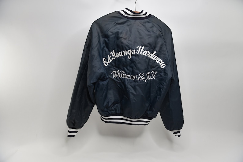 Super Awesome Vintage 80/'s Ed Youngs Hardware Williamsville NY Satin Bomber Jacket