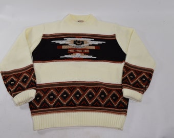 Incroyable pull vintage des années 70 géométrique aztèque en tricot Mock Neck