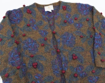 Magnifique pull vintage Mohair Express Tricot Floral Cardigan Des années 90