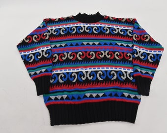 Suéter de gola alta em malha com estampa abstrata superdivertida dos anos 80