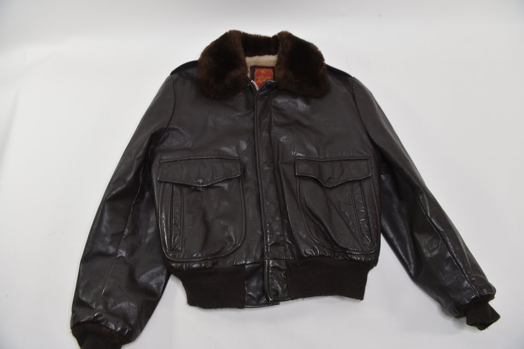 80s Boxy Genuine Leather Brown Men's Bomber Jacket . Vintage