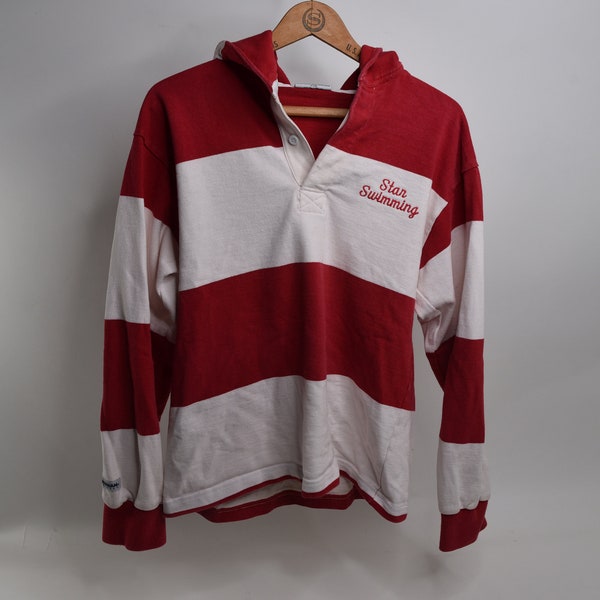 Wicked Cool Vintage 90's Red and White Striped Hooded Rugby Jersey for Star Swimming