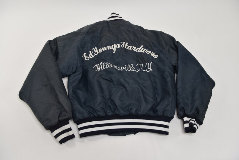 Super Awesome Vintage 80/'s Ed Youngs Hardware Williamsville NY Satin Bomber Jacket