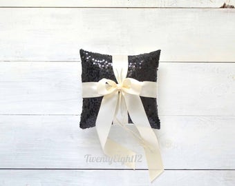 Ring Pillow - Black Sequin and Ivory Satin Bow - Ring Pillow, Black Ring Bearer Pillow, Wedding Pillow, Sequin Ring Pillow