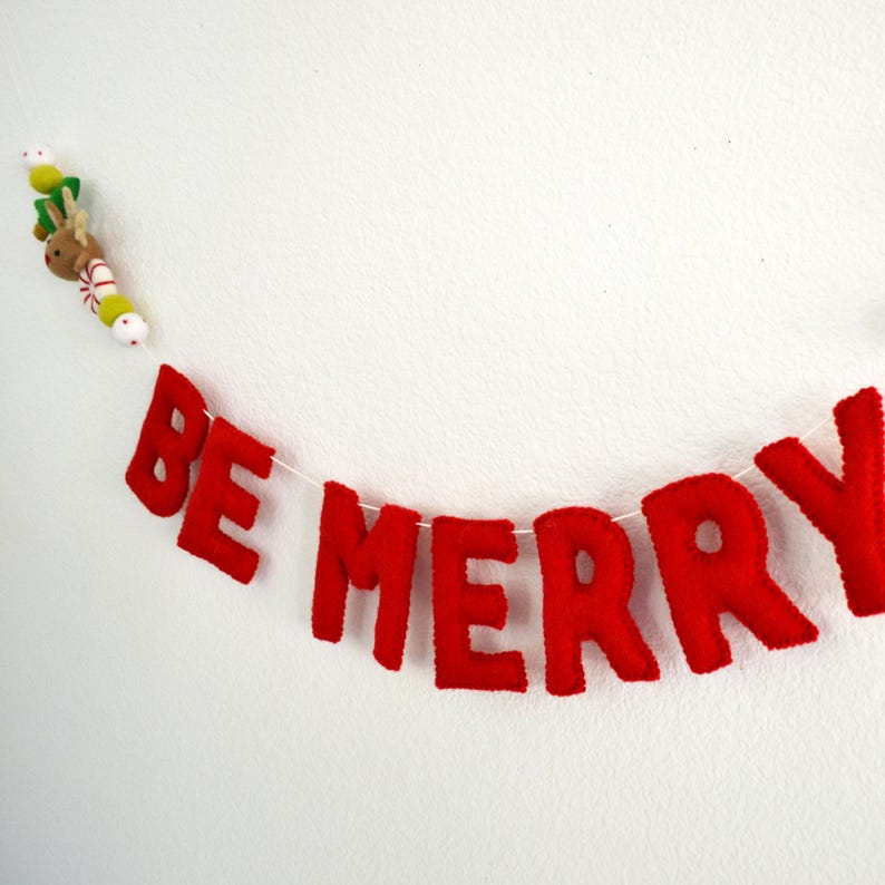 BE MERRY Felt Ball Garland with Red Letters, Peppermint, Reindeer, Christmas Tree and Colorful Wool Felt Balls image 3