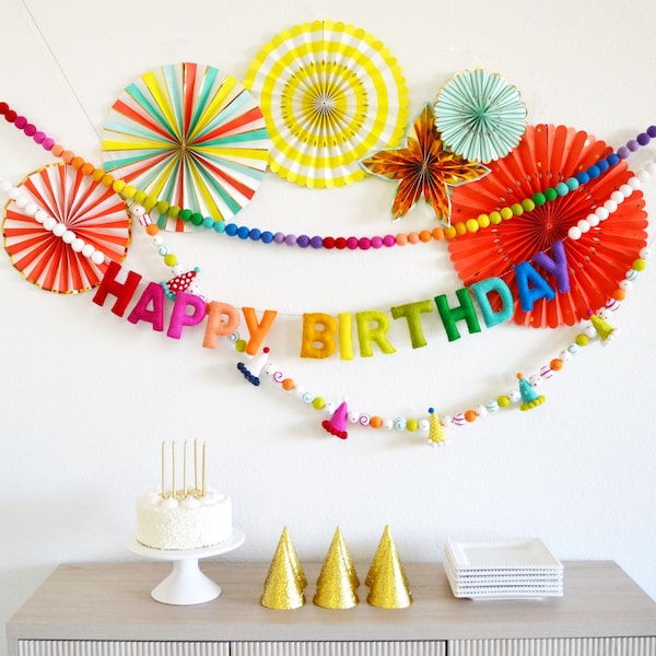 Happy Birthday Felt Ball Garland - Birthday Garland, HAPPY BIRTHDAY banner, Party Garland, Birthday Decor, Party Decor, Felt