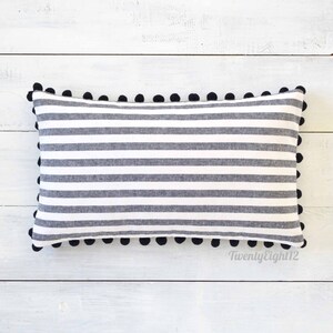 Black and White Striped Pillow Cover with Large Black Pom Poms - 12&quot; x 20&quot; - Pom Pom Pillow Cover, Decorative Pillow, Black Pom Pillow