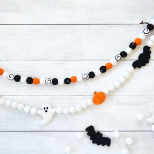 Halloween Felt Ball Garland - Ghost Felt Ball Garland, Halloween Garland, Ghost Banner, Black and White Felt Ball Garland