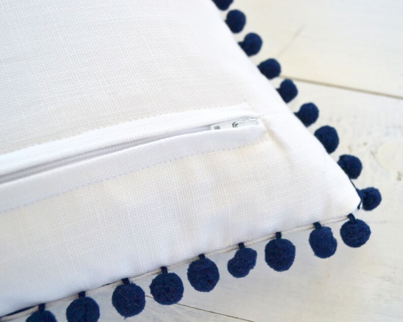 White Cotton & Navy Blue Pom Pom Pillow Cover 20 X Etsy