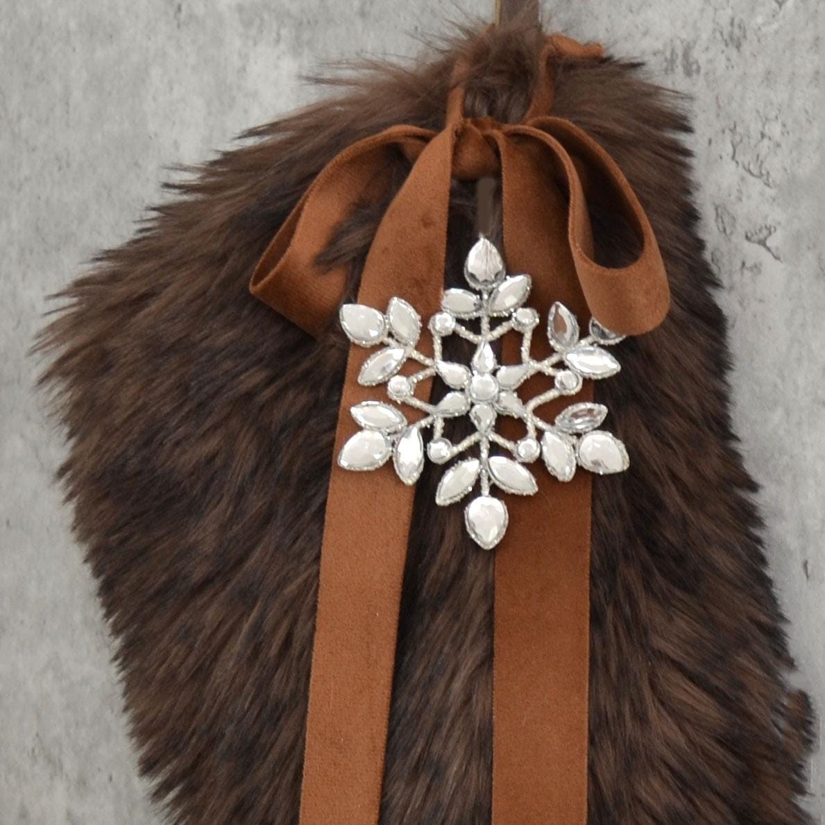 Chocolate Brown Faux Fur Christmas Stocking With Leaf Gem and Velvet ...