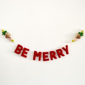 BE MERRY Felt Ball Garland with Red Letters, Peppermint, Reindeer, Christmas Tree and Colorful Wool Felt Balls image 1