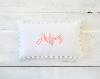 Personalized Pillow Cover - Decorative Pillow, Name Pillow, Monogrammed Pillow, Girls Name Pillow, Pom Pom Pillow, Kids Pillow, Personalized