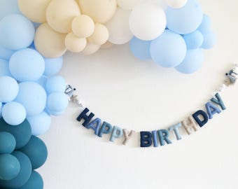 HAPPY BIRTHDAY felt banner, Blue Birthday Banner for Boys Party Decor, Reusable Party Decor, Modern Birthday Garland, Blue Boy Felt Garland