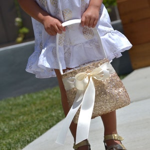 Ring Bearer Pillow and Flower Girl Basket Set Ring Bearer Pillow, Flower Girl Basket, Champagne Sequins, Wedding Pillow, image 2