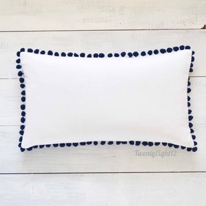 White Cotton & Navy Blue Pom Pom Lumbar Pillow Cover - 12" x 20" - Decorative Pillow, Throw Pillow, Pom Pom Pillow Cover, Nursery Decor, Kid