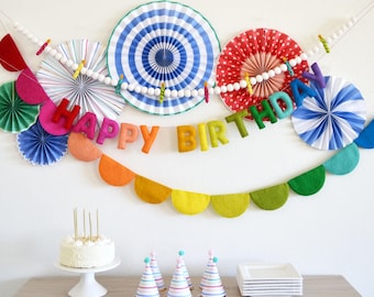 Happy Birthday Rainbow Felt Banner, Party Hat Felt Garland, Ombre Rainbow Felt Ball Garland Decoration, Paper Pinwheel Fans