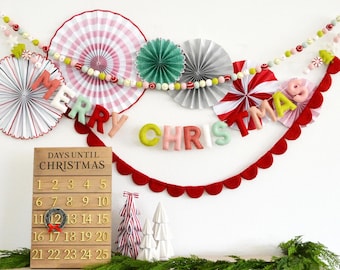 MERRY CHRISTMAS Felt Banner with Wool Christmas Tree, Peppermint & Star or Red Scallop Felt Banner or Colorful Felt Ball Garland