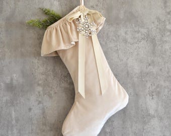 Ivory Velvet Christmas Stocking with Velvet Bow & Gem | Designer Luxury Christmas Stocking with Ruffle | Soft Moody Christmas Stockings