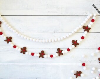 Gingerbread Christmas Garland - Gingerbread Felt Ball Garland, Felt Ball Garland, Holiday Garland, Xmas Garland, Christmas Felt Ball Garland