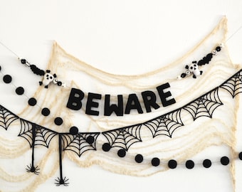 Halloween Banner & Garlands | Paper Spiderwebs | BEWARE Banner | Felt Halloween Garland | Halloween Party Decorations and Photo Props