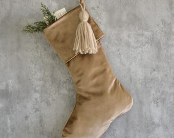 Camel Brown Velvet Christmas Stocking | Moody Holiday Decor | Neutral Christmas Stocking | Masculine Boys Family Christmas Stocking