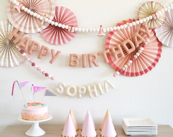 Pink Felt Happy Birthday Banner, Boho Birthday Garland, Girls Party Decor, Reusable Birthday Decoration, Felt Ball Banner For Birthday Party