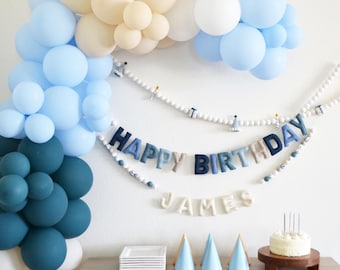 Birthday Banner for Boys Birthday Party, Blue Felt Birthday Garland, Birthday Decorations with Personalized Banner, Masculine Birthday