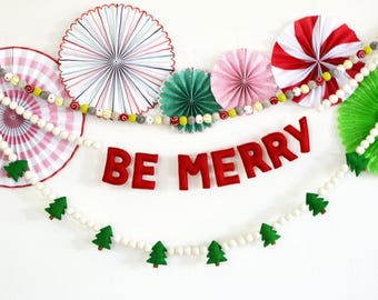 BE MERRY Felt Garland | Christmas Decoration | Christmas Felt Ball Garland | Christmas Tree Garland | Felt Christmas Tree | Felt Garland