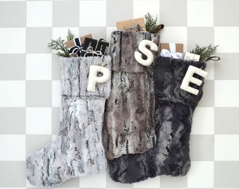 Fur Christmas Stocking - Faux Fur Stockings, Boho Stockings, Fur Stocking, Gray Stocking, Stocking, Personalized Christmas Stockings