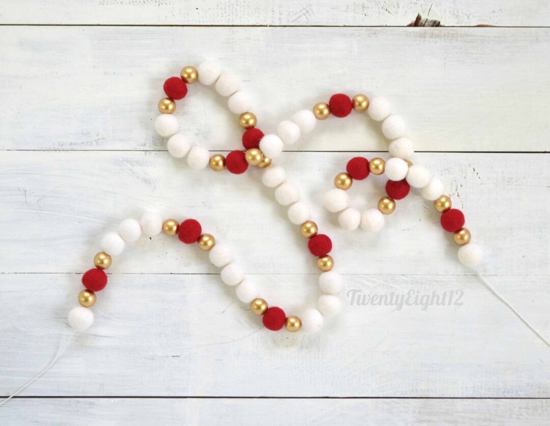 Holiday Felt Ball Garland / Ivory, Gold, & Red / Felt Ball Garland