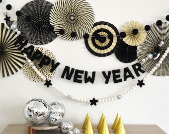 Happy New Year Banner | New Years Eve Party Decor | Disco Balls Stars and Party Hats | New Years Garland | New Years Party Decorations | NYE