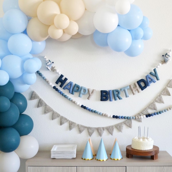 Happy Birthday Banner, Felt Birthday Garland, Blue Boys Party Decor, Reusable Birthday Decoration, Blue Birthday Banners and Decorations
