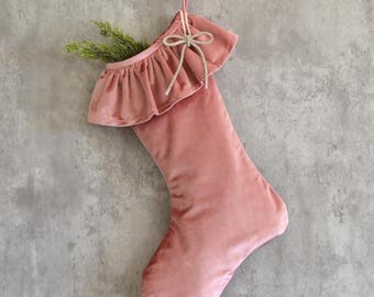 Mauve Velvet Christmas Stocking with Ruffle | Luxury Jewel Tone Christmas Decor | Family Christmas Stocking | Vintage Inspired Holiday Decor