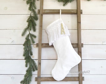 Boho Stocking - White Tassel Fringe Stocking - Christmas Stocking, Stockings, Bohemian Stocking, Monogrammed Stocking, Personalized Stocking