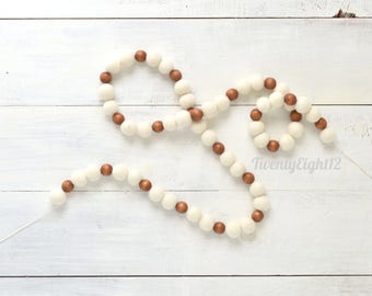 Felt Ball and Wood Garland - Ivory & Wood - Nursery Decor, Children's Room, Wood Garland, Felt Balls Garland, Natural Garland, Felt Balls