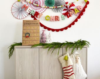 MERRY CHRISTMAS Felt Banner with Wool Christmas Tree, Peppermint & Star or Red Scallop Felt Banner or Colorful Felt Ball Garland