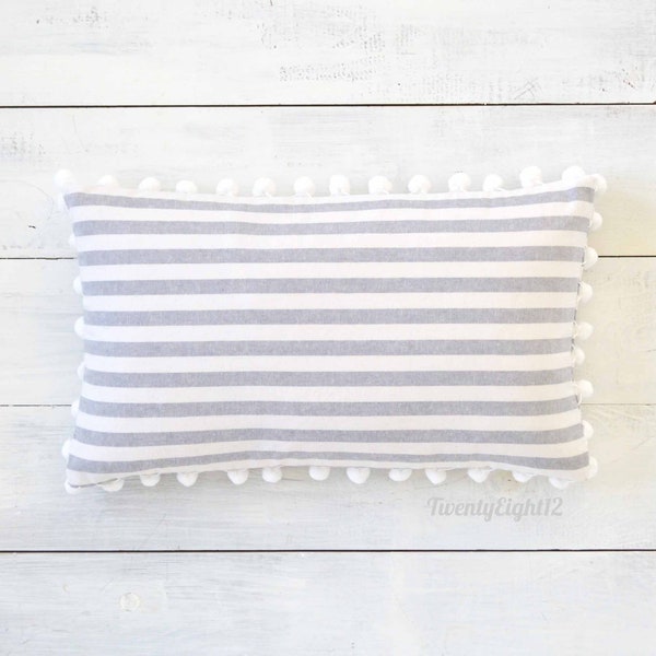 Gray and White Striped Pillow Cover with Large White Pom Poms-12" x 20"- Striped Pom Pom Pillow Cover, Decorative Pillow, White Pom Pillow