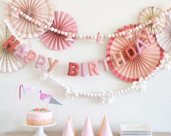 Happy Birthday Banner, Boho Birthday Garland, Blush Girls Party Decor, Reusable Birthday Decoration, Pink Birthday Banners and Decorations