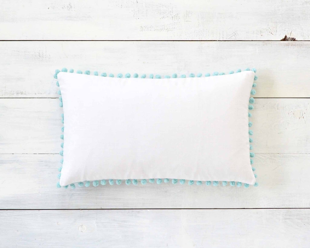 Aqua Blue Pom Pom Pillow Cover 12 X 20 Decorative Pillow, Throw Pillow