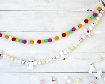 Christmas Felt Garland - Stocking, Tree & Gingerbread White, Felt Christmas Garland, Christmas Tree Garlands, Christmas Felt Ball Garland