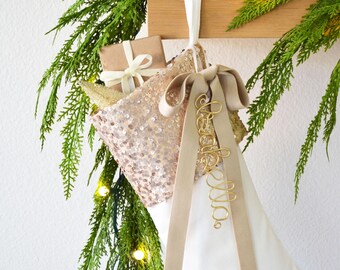 Personalized Velvet & Champagne Gold Sequin Vintage Inspired Christmas Stocking | Glam Holiday Decor | (Name Tag NOT included)
