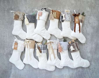 Christmas Stockings- Personalized Velvet Christmas Stocking, White Stocking, Fur Stocking, Plaid Holiday Decor (name tag NOT included)
