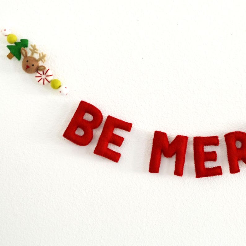 BE MERRY Felt Ball Garland with Red Letters, Peppermint, Reindeer, Christmas Tree and Colorful Wool Felt Balls image 2