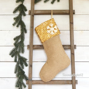 Burlap Christmas Stocking with Gold Sequins- Burlap Stocking, Gold Stocking, Sequin Stocking, Personalized Stocking, Stocking, Stockings