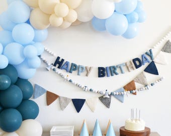 Blue Birthday Banner for Boys, Felt Birthday Garland, Blue Boys Party Decor, Reusable Birthday Party Decor, Masculine Boys Birthday Decor