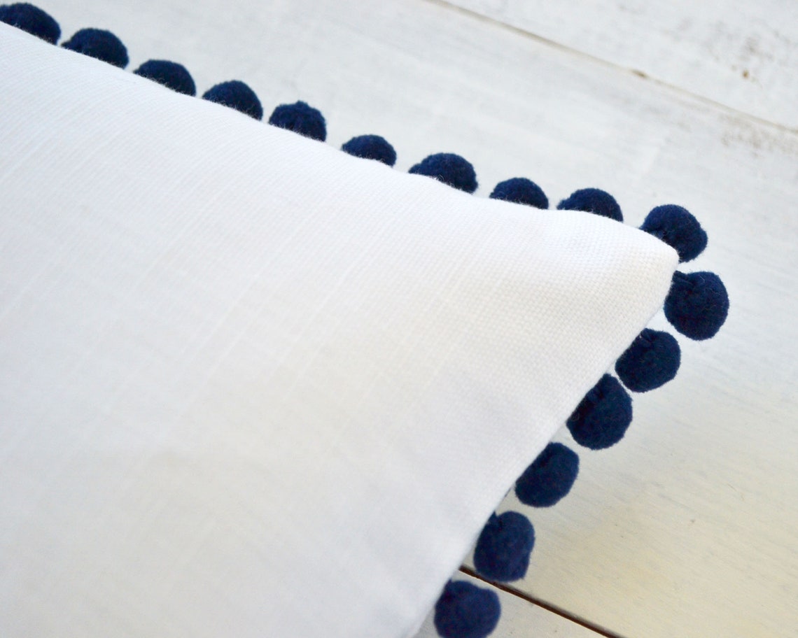 White Cotton & Navy Blue Pom Pom Pillow Cover 20 X Etsy