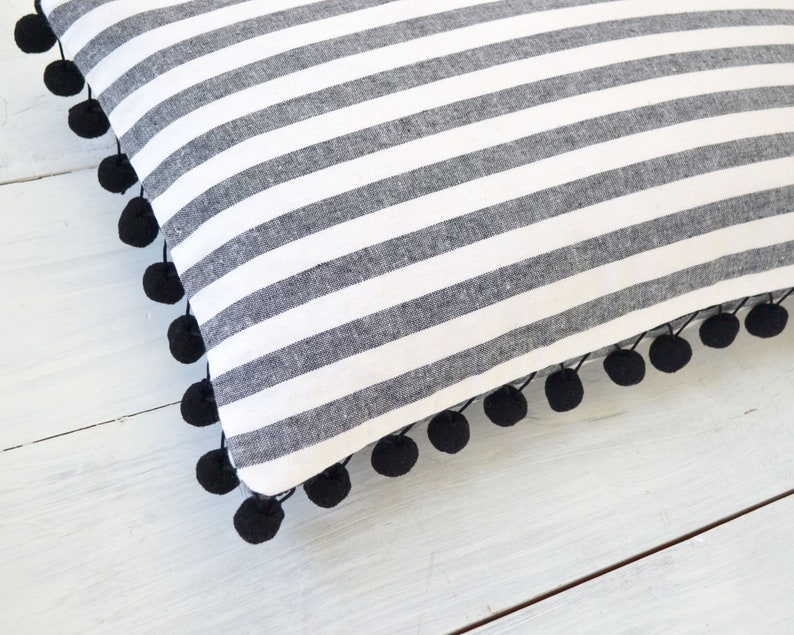 Black and White Striped Pillow Cover With Large Black Pom Poms Etsy